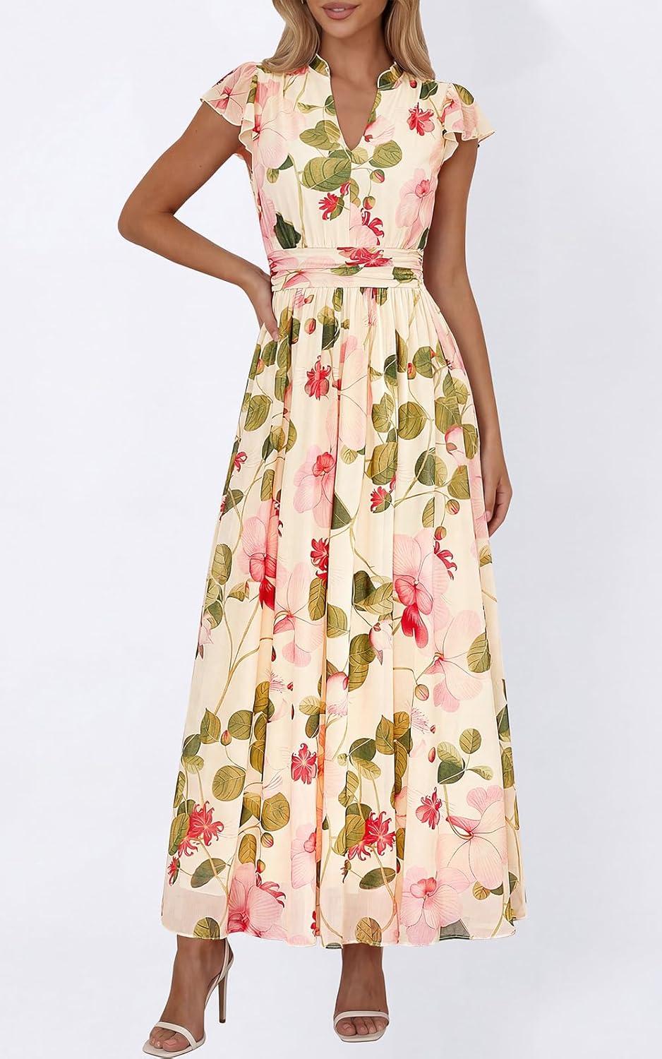imagePRETTYGARDEN Womens Summer Dresses 2026 Flutter Short Sleeve V Neck Floral Maxi Dress Flowy Beach Vacation Long DressesBeige Multicolored Floral