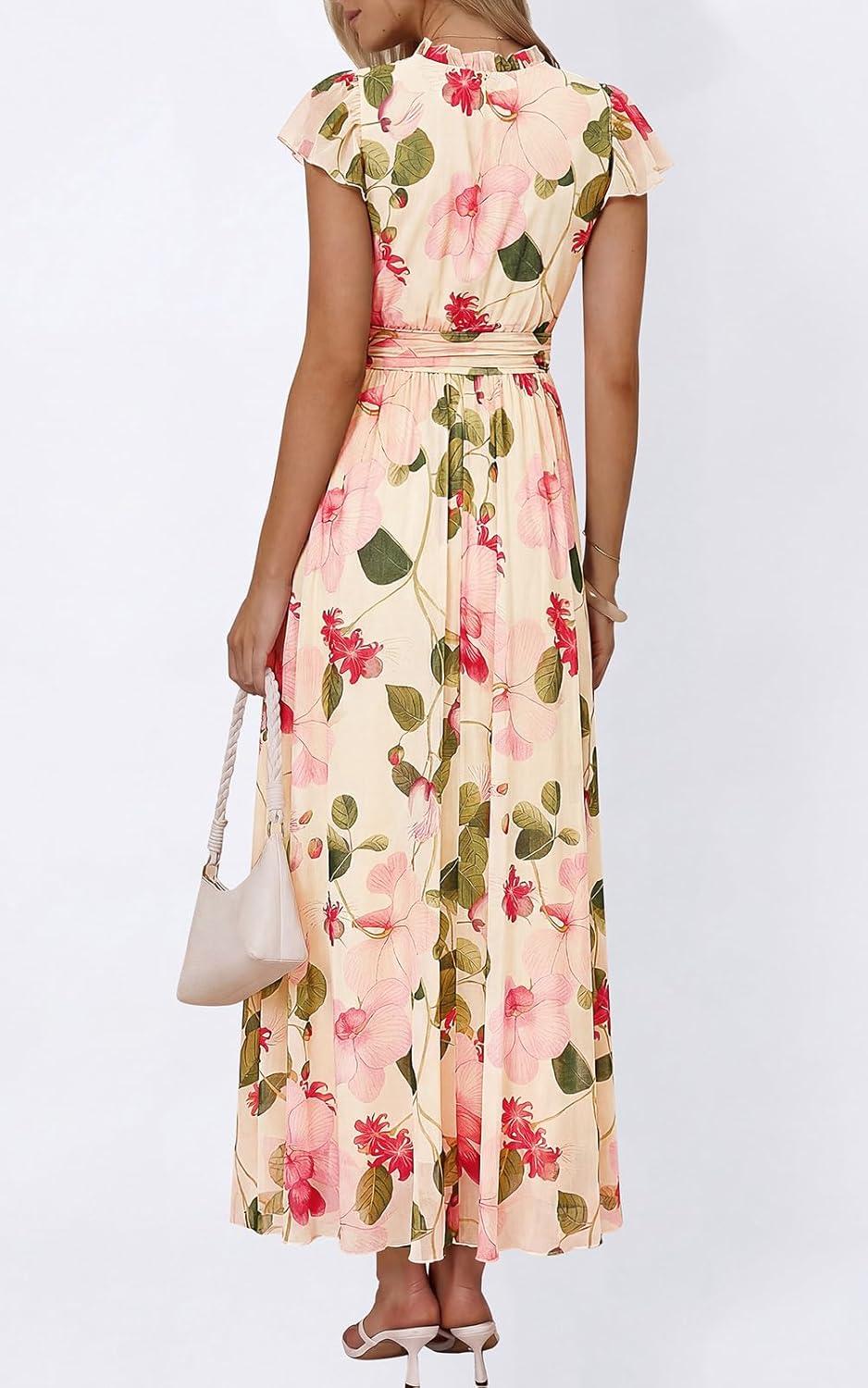 imagePRETTYGARDEN Womens Summer Dresses 2026 Flutter Short Sleeve V Neck Floral Maxi Dress Flowy Beach Vacation Long DressesBeige Multicolored Floral