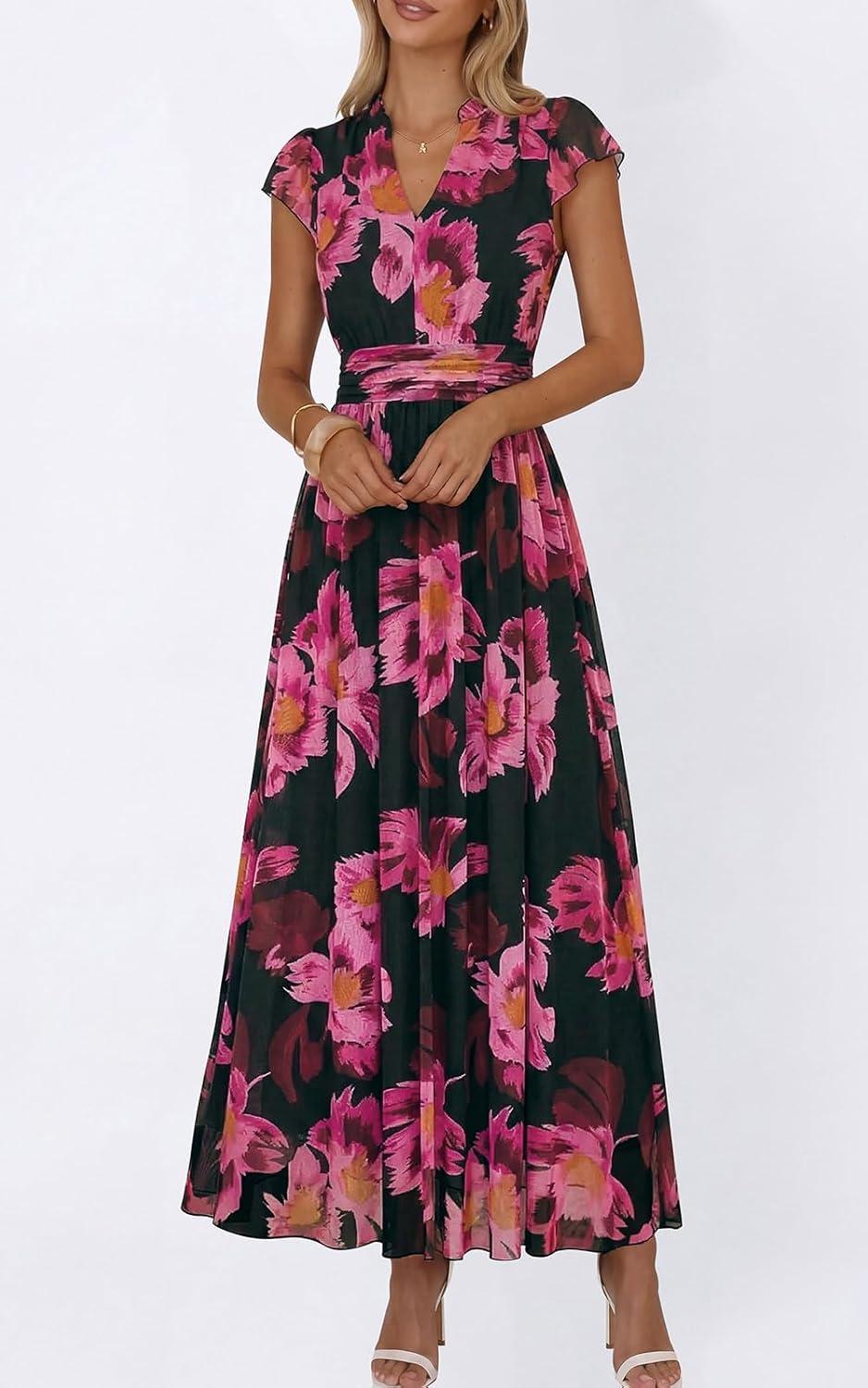 imagePRETTYGARDEN Womens Summer Dresses 2026 Flutter Short Sleeve V Neck Floral Maxi Dress Flowy Beach Vacation Long DressesBlack Pink Floral