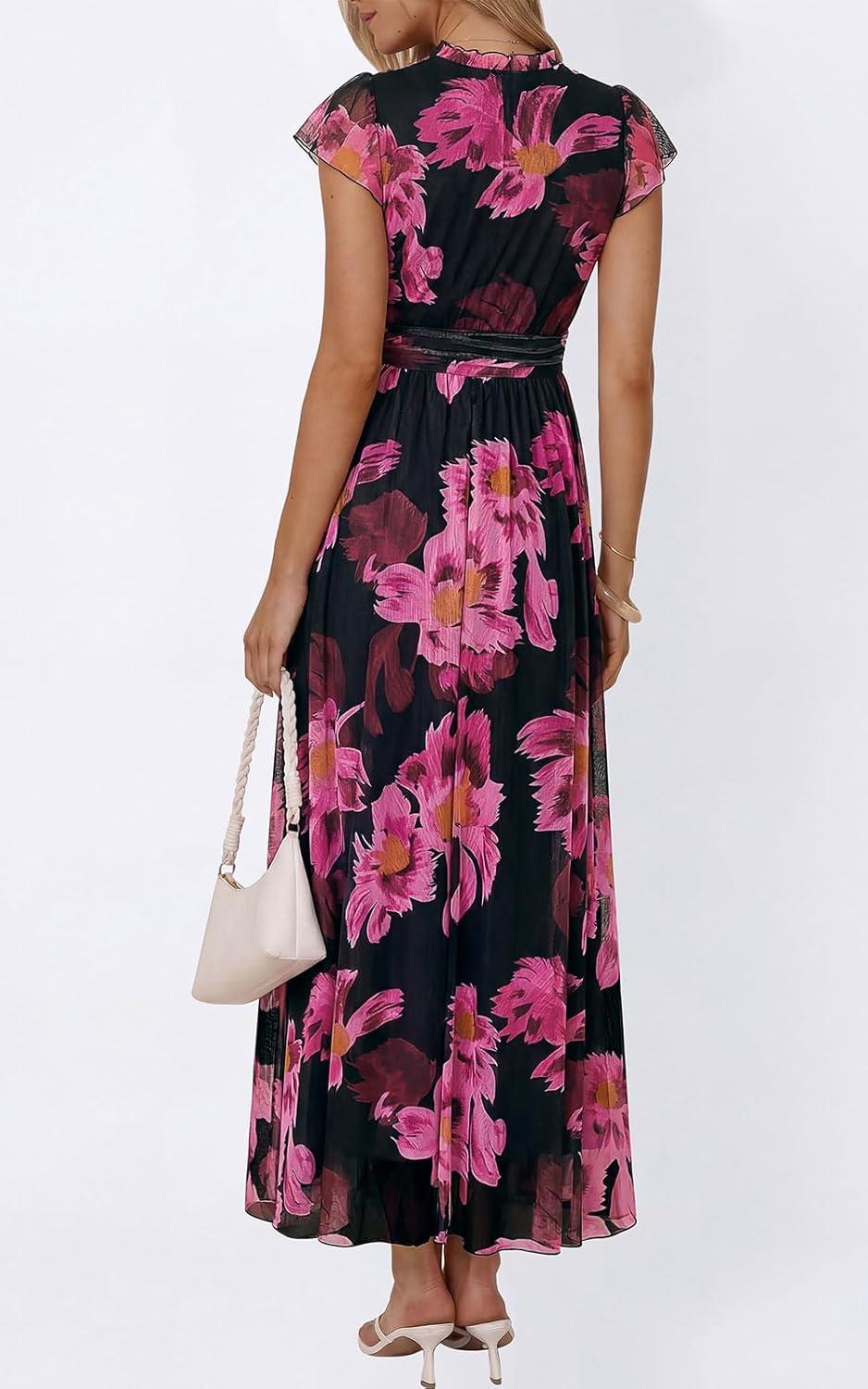 imagePRETTYGARDEN Womens Summer Dresses 2026 Flutter Short Sleeve V Neck Floral Maxi Dress Flowy Beach Vacation Long DressesBlack Pink Floral