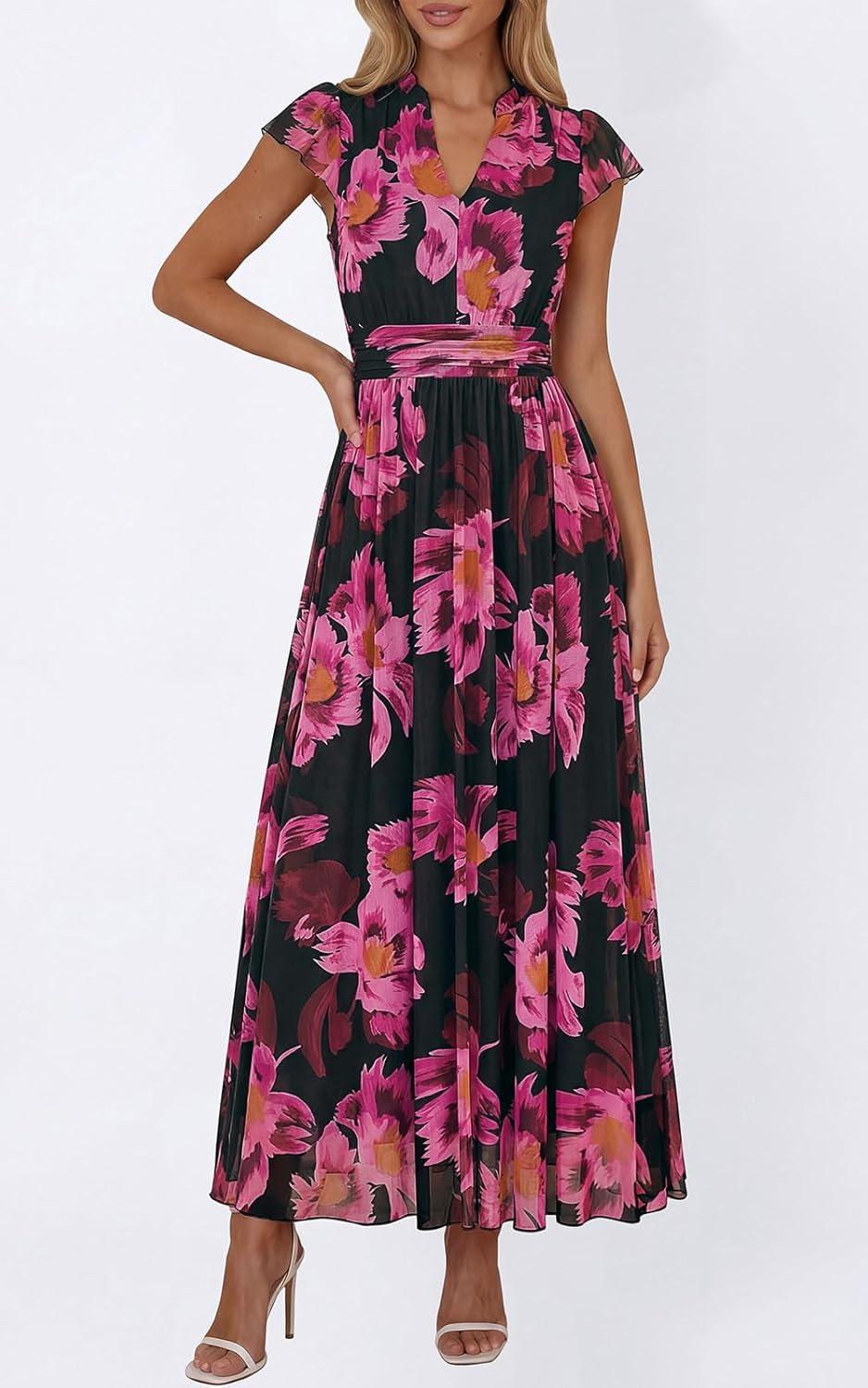 imagePRETTYGARDEN Womens Summer Dresses 2026 Flutter Short Sleeve V Neck Floral Maxi Dress Flowy Beach Vacation Long DressesBlack Pink Floral