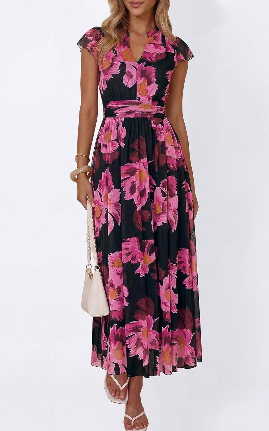 imagePRETTYGARDEN Womens Summer Dresses 2026 Flutter Short Sleeve V Neck Floral Maxi Dress Flowy Beach Vacation Long DressesBlack Pink Floral