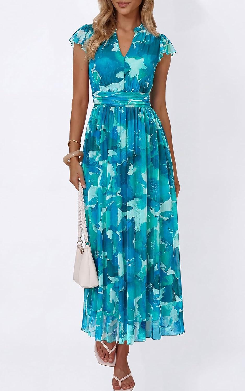 imagePRETTYGARDEN Womens Summer Dresses 2026 Flutter Short Sleeve V Neck Floral Maxi Dress Flowy Beach Vacation Long DressesBlue Green Floral
