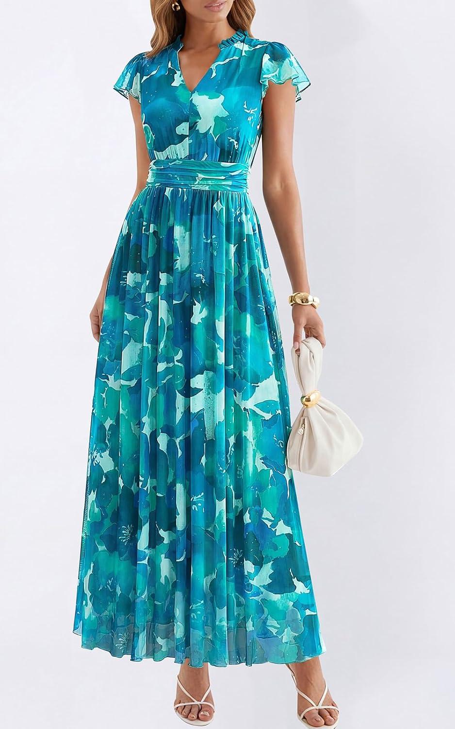 imagePRETTYGARDEN Womens Summer Dresses 2026 Flutter Short Sleeve V Neck Floral Maxi Dress Flowy Beach Vacation Long DressesBlue Green Floral