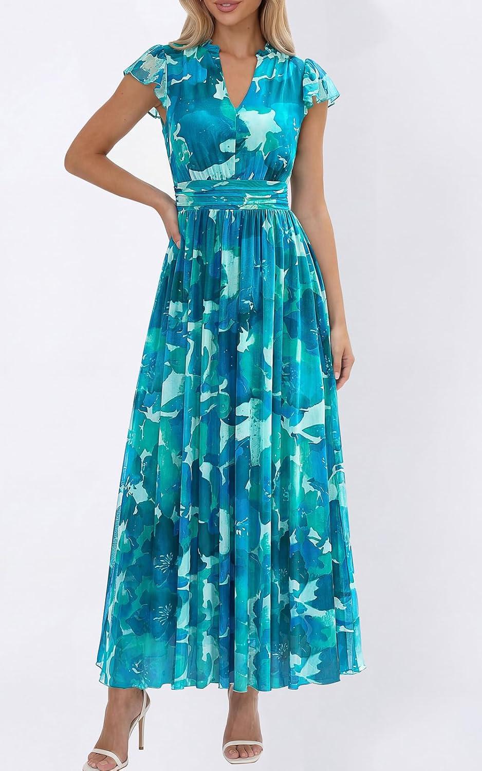 imagePRETTYGARDEN Womens Summer Dresses 2026 Flutter Short Sleeve V Neck Floral Maxi Dress Flowy Beach Vacation Long DressesBlue Green Floral