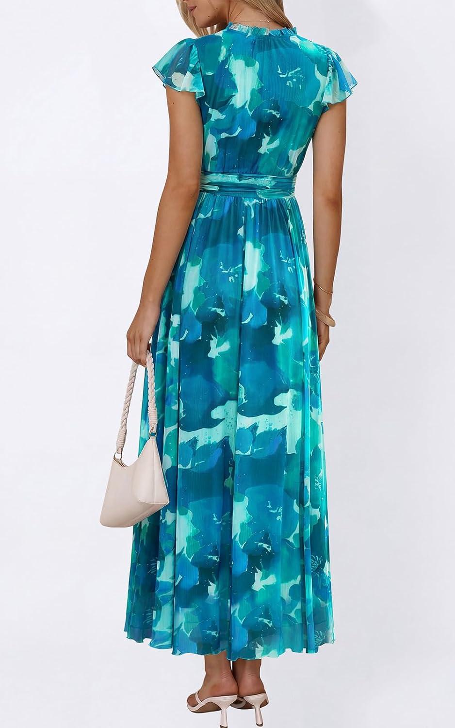 imagePRETTYGARDEN Womens Summer Dresses 2026 Flutter Short Sleeve V Neck Floral Maxi Dress Flowy Beach Vacation Long DressesBlue Green Floral