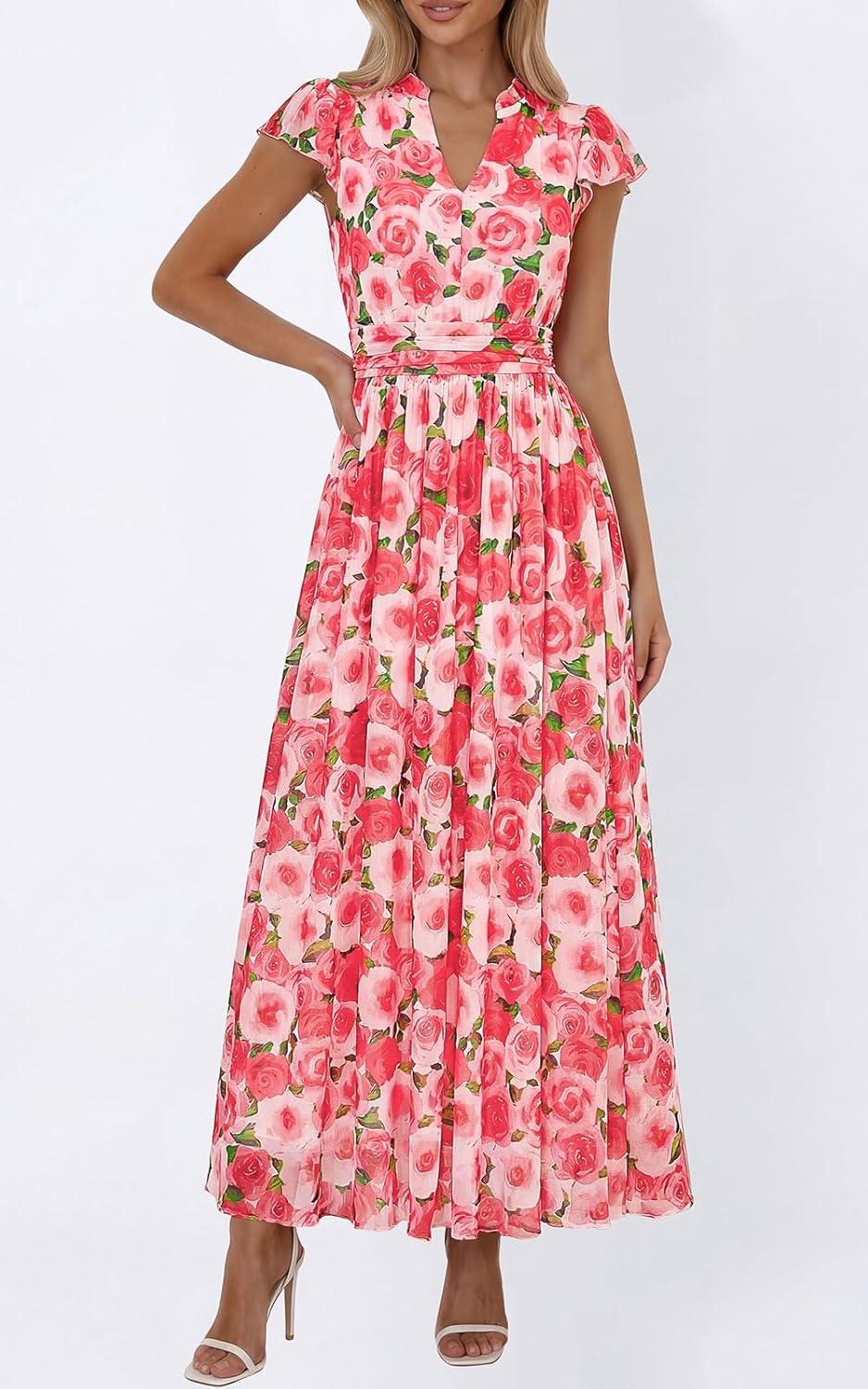 imagePRETTYGARDEN Womens Summer Dresses 2026 Flutter Short Sleeve V Neck Floral Maxi Dress Flowy Beach Vacation Long DressesPink Multicolored Floral