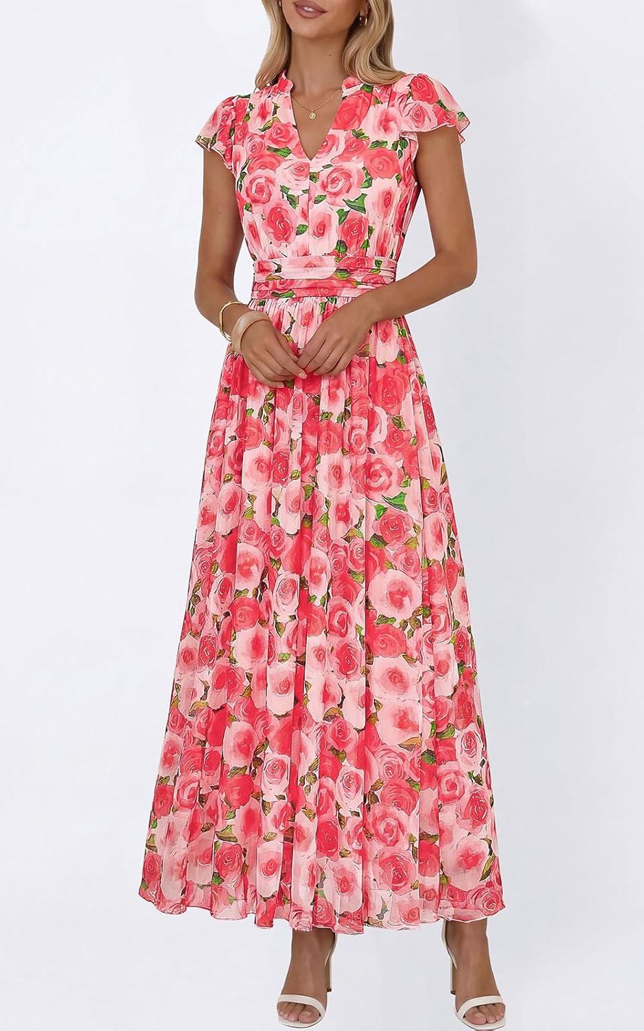 imagePRETTYGARDEN Womens Summer Dresses 2026 Flutter Short Sleeve V Neck Floral Maxi Dress Flowy Beach Vacation Long DressesPink Multicolored Floral