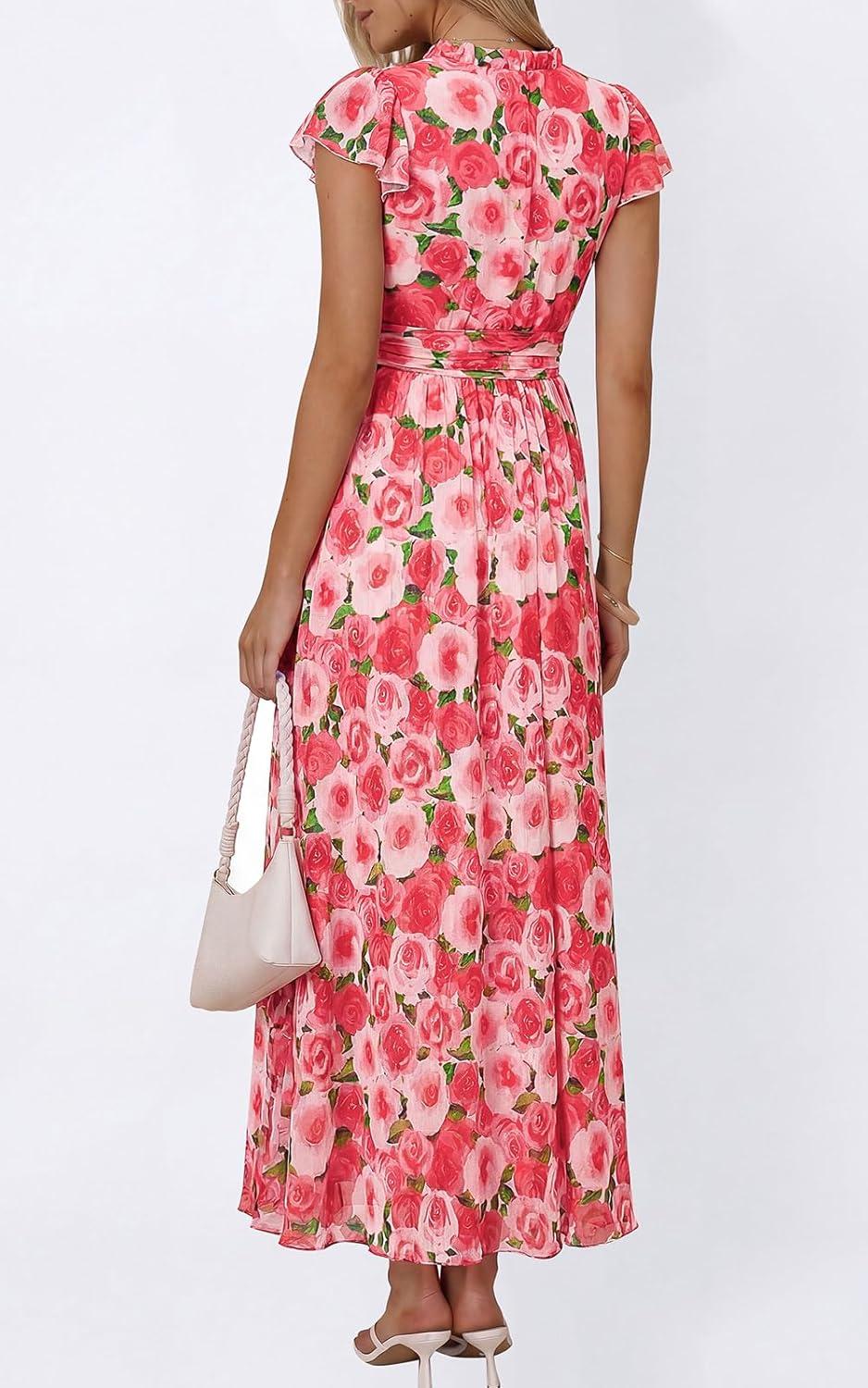 imagePRETTYGARDEN Womens Summer Dresses 2026 Flutter Short Sleeve V Neck Floral Maxi Dress Flowy Beach Vacation Long DressesPink Multicolored Floral