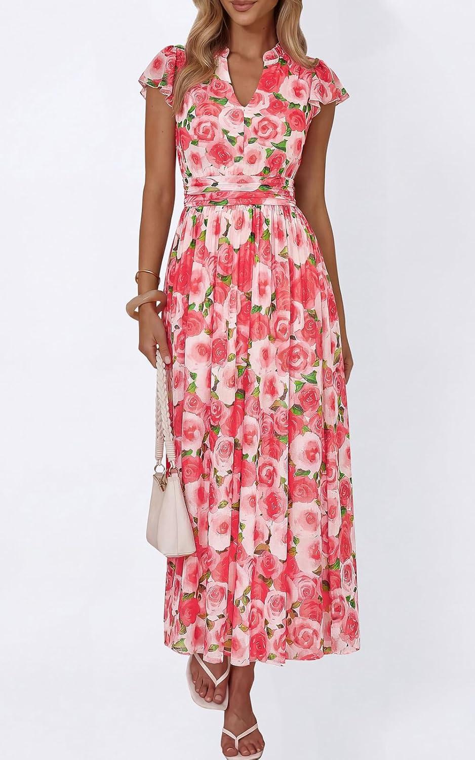 imagePRETTYGARDEN Womens Summer Dresses 2026 Flutter Short Sleeve V Neck Floral Maxi Dress Flowy Beach Vacation Long DressesPink Multicolored Floral
