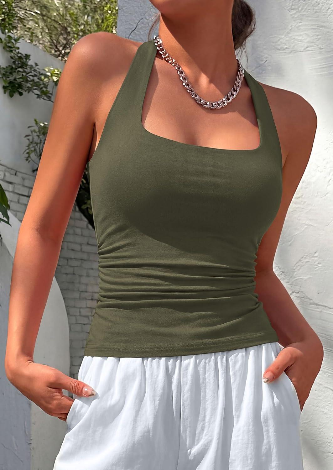 imagePRETTYGARDEN Womens Summer Halter Tank Tops 2026 Y2K Sleeveless Slim Fitted Backless Shirts Going Out Spring Workout ClothesArmy Green