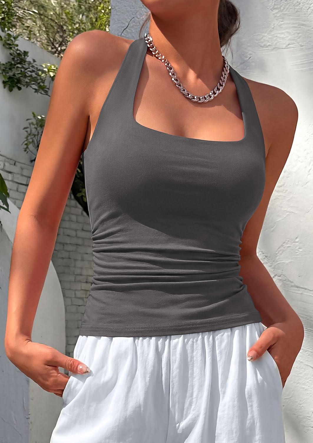 imagePRETTYGARDEN Womens Summer Halter Tank Tops 2026 Y2K Sleeveless Slim Fitted Backless Shirts Going Out Spring Workout ClothesDark Grey