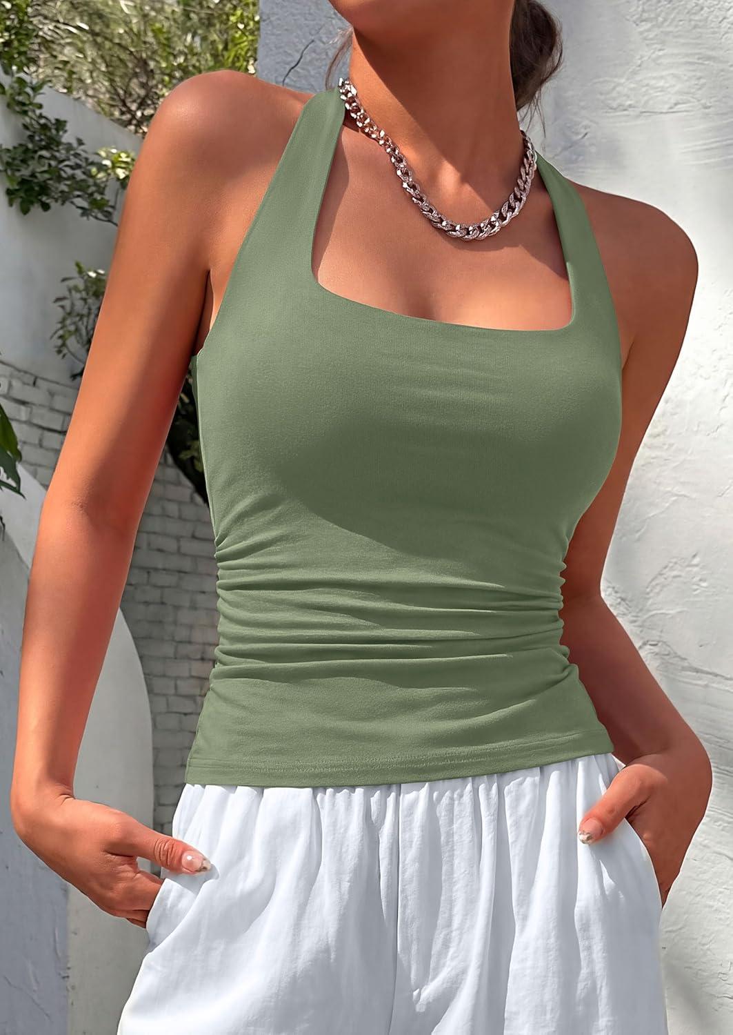 imagePRETTYGARDEN Womens Summer Halter Tank Tops 2026 Y2K Sleeveless Slim Fitted Backless Shirts Going Out Spring Workout ClothesSage Green