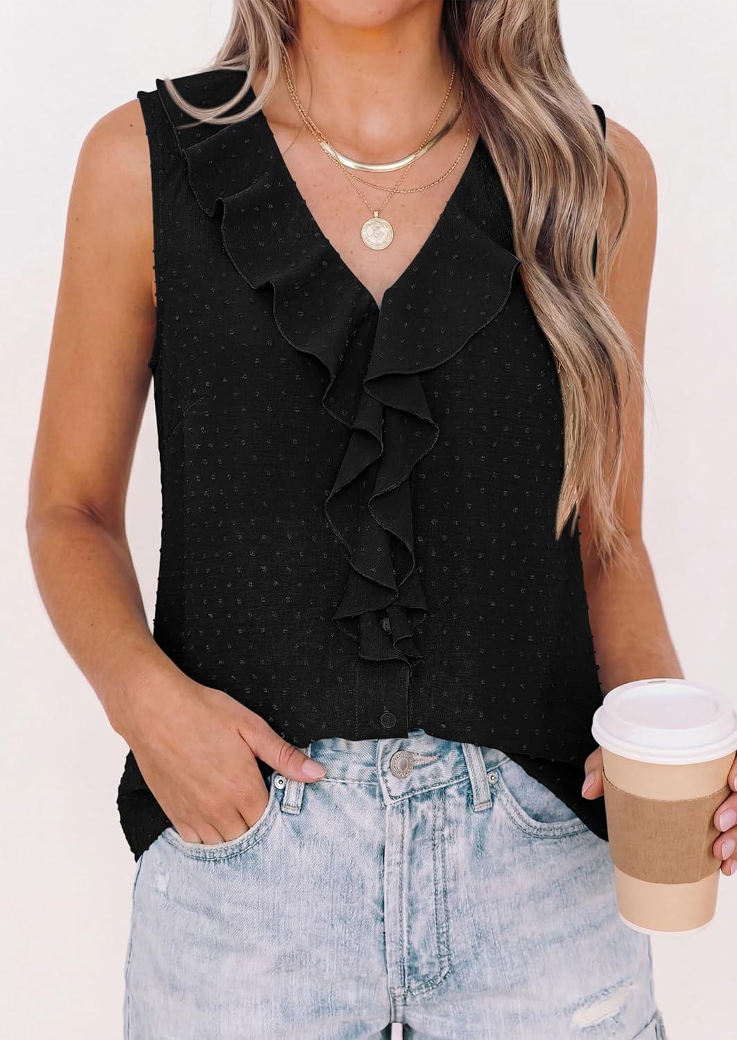 imagePRETTYGARDEN Womens Tank Tops 2026 Summer Dressy Casual Blouses Sleeveless Ruffle V Neck Swiss Dot Button Down Work ShirtsBlack