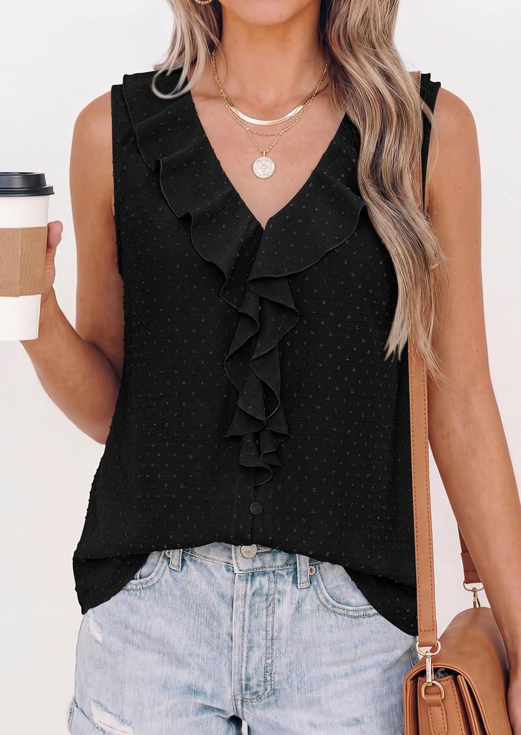 imagePRETTYGARDEN Womens Tank Tops 2026 Summer Dressy Casual Blouses Sleeveless Ruffle V Neck Swiss Dot Button Down Work ShirtsBlack