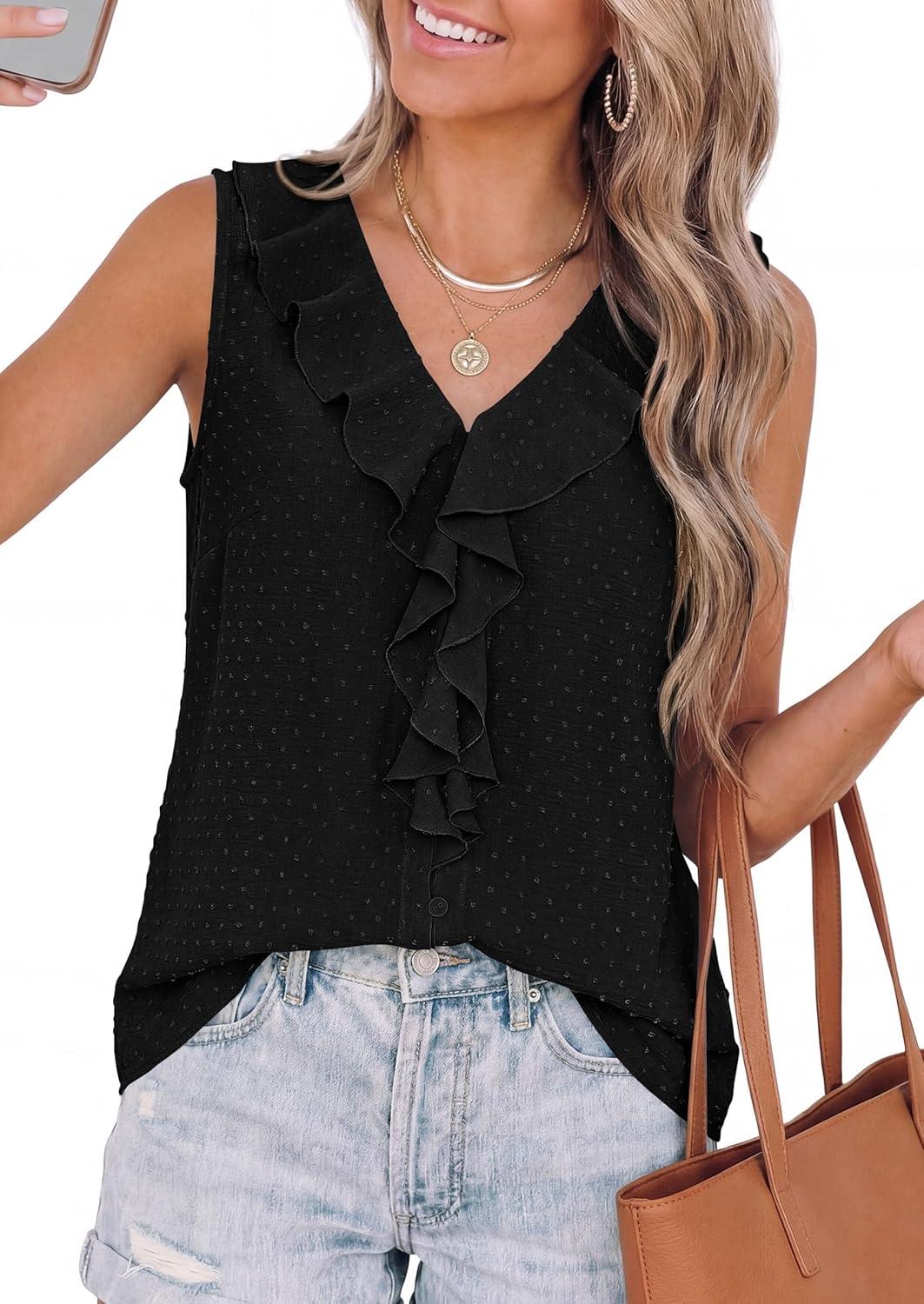 imagePRETTYGARDEN Womens Tank Tops 2026 Summer Dressy Casual Blouses Sleeveless Ruffle V Neck Swiss Dot Button Down Work ShirtsBlack