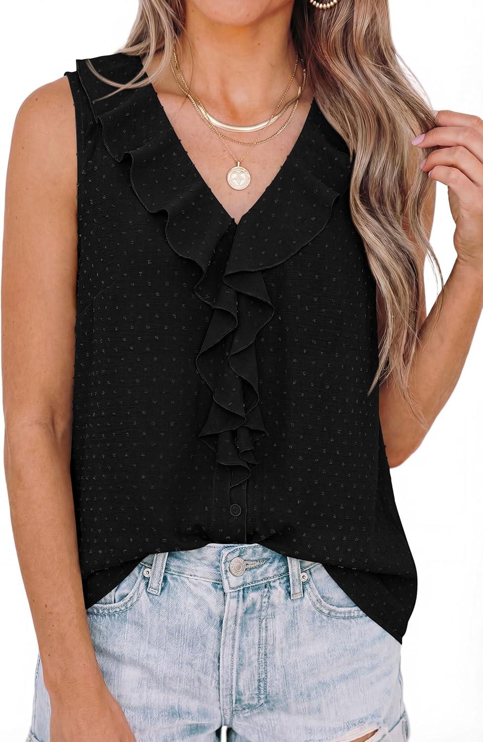 imagePRETTYGARDEN Womens Tank Tops 2026 Summer Dressy Casual Blouses Sleeveless Ruffle V Neck Swiss Dot Button Down Work ShirtsBlack