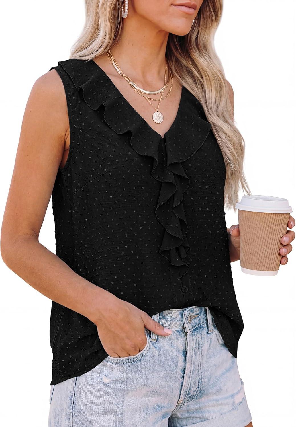 imagePRETTYGARDEN Womens Tank Tops 2026 Summer Dressy Casual Blouses Sleeveless Ruffle V Neck Swiss Dot Button Down Work ShirtsBlack