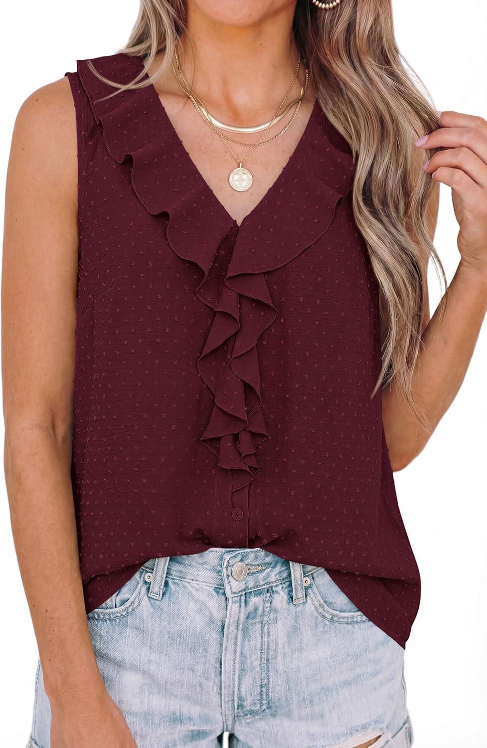 imagePRETTYGARDEN Womens Tank Tops 2026 Summer Dressy Casual Blouses Sleeveless Ruffle V Neck Swiss Dot Button Down Work ShirtsBurgundy