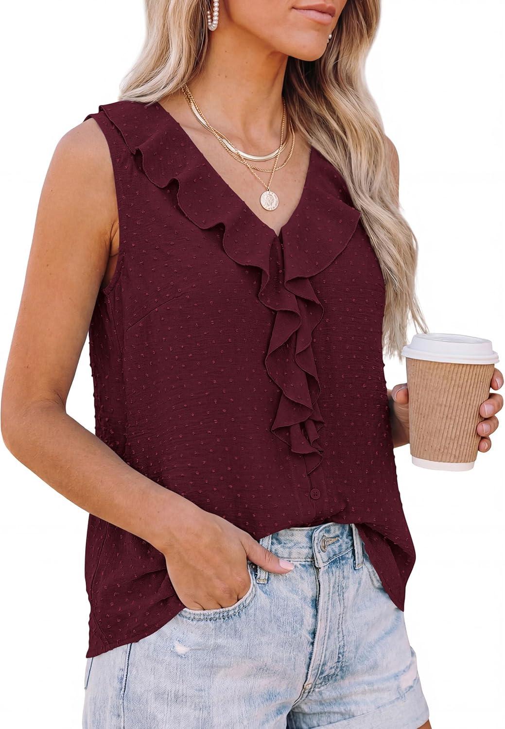 imagePRETTYGARDEN Womens Tank Tops 2026 Summer Dressy Casual Blouses Sleeveless Ruffle V Neck Swiss Dot Button Down Work ShirtsBurgundy