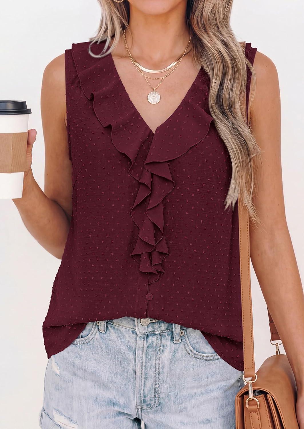 imagePRETTYGARDEN Womens Tank Tops 2026 Summer Dressy Casual Blouses Sleeveless Ruffle V Neck Swiss Dot Button Down Work ShirtsBurgundy