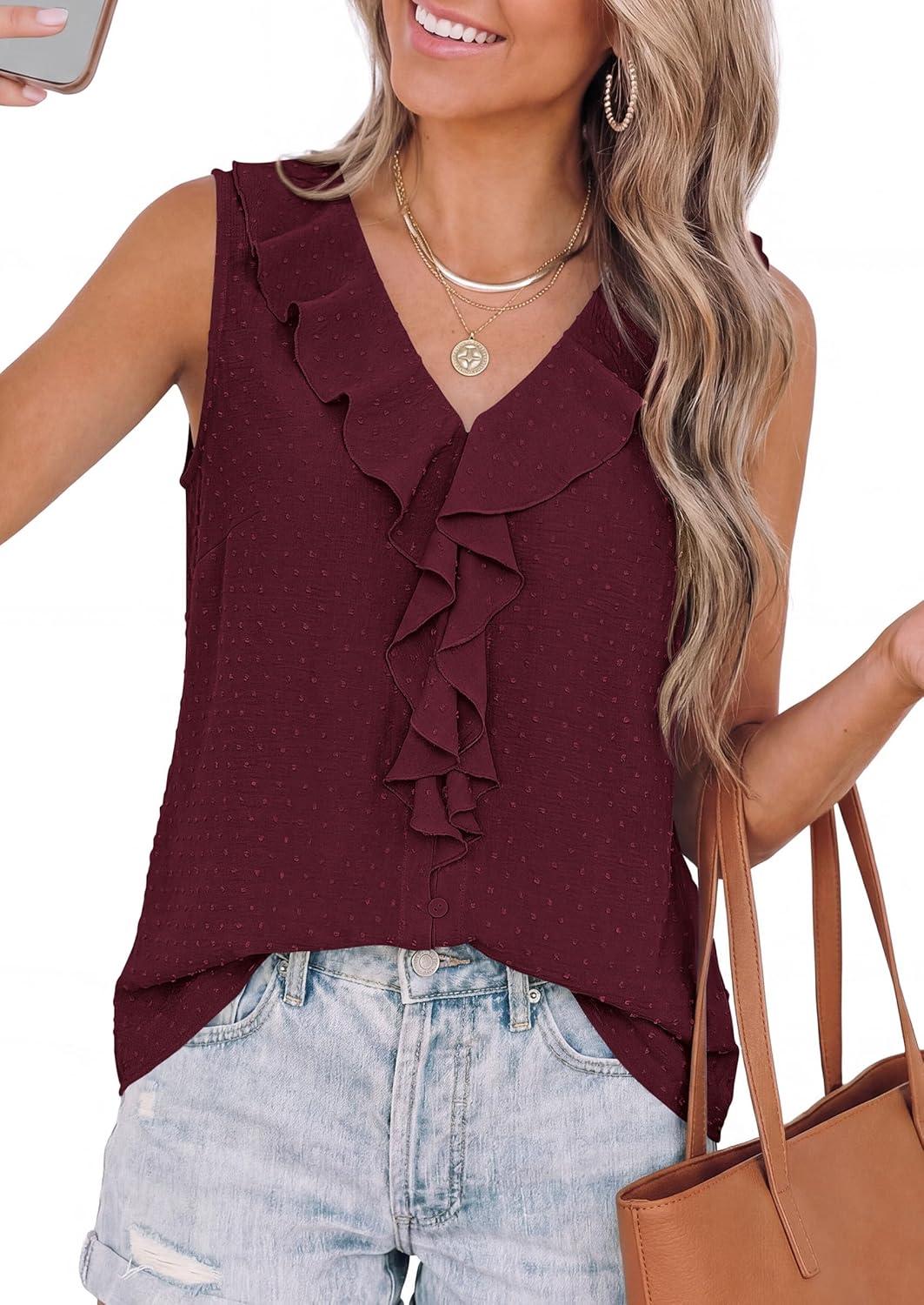 imagePRETTYGARDEN Womens Tank Tops 2026 Summer Dressy Casual Blouses Sleeveless Ruffle V Neck Swiss Dot Button Down Work ShirtsBurgundy