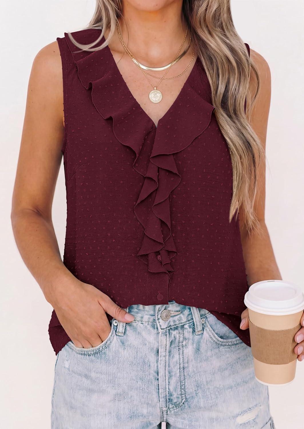 imagePRETTYGARDEN Womens Tank Tops 2026 Summer Dressy Casual Blouses Sleeveless Ruffle V Neck Swiss Dot Button Down Work ShirtsBurgundy