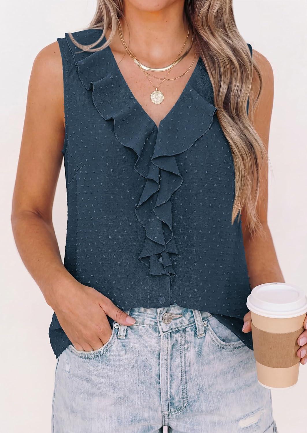 imagePRETTYGARDEN Womens Tank Tops 2026 Summer Dressy Casual Blouses Sleeveless Ruffle V Neck Swiss Dot Button Down Work ShirtsDark Blue