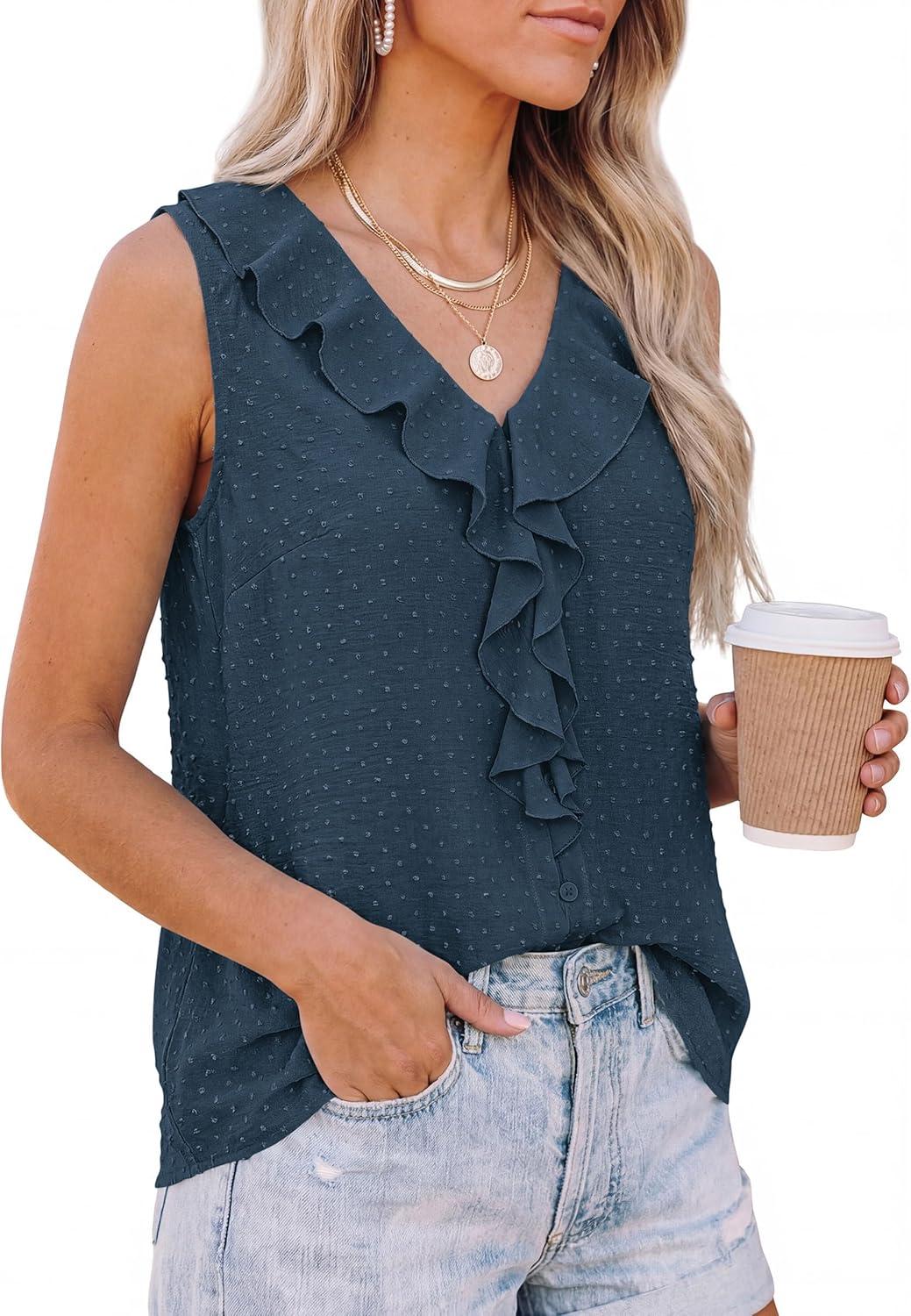 imagePRETTYGARDEN Womens Tank Tops 2026 Summer Dressy Casual Blouses Sleeveless Ruffle V Neck Swiss Dot Button Down Work ShirtsDark Blue
