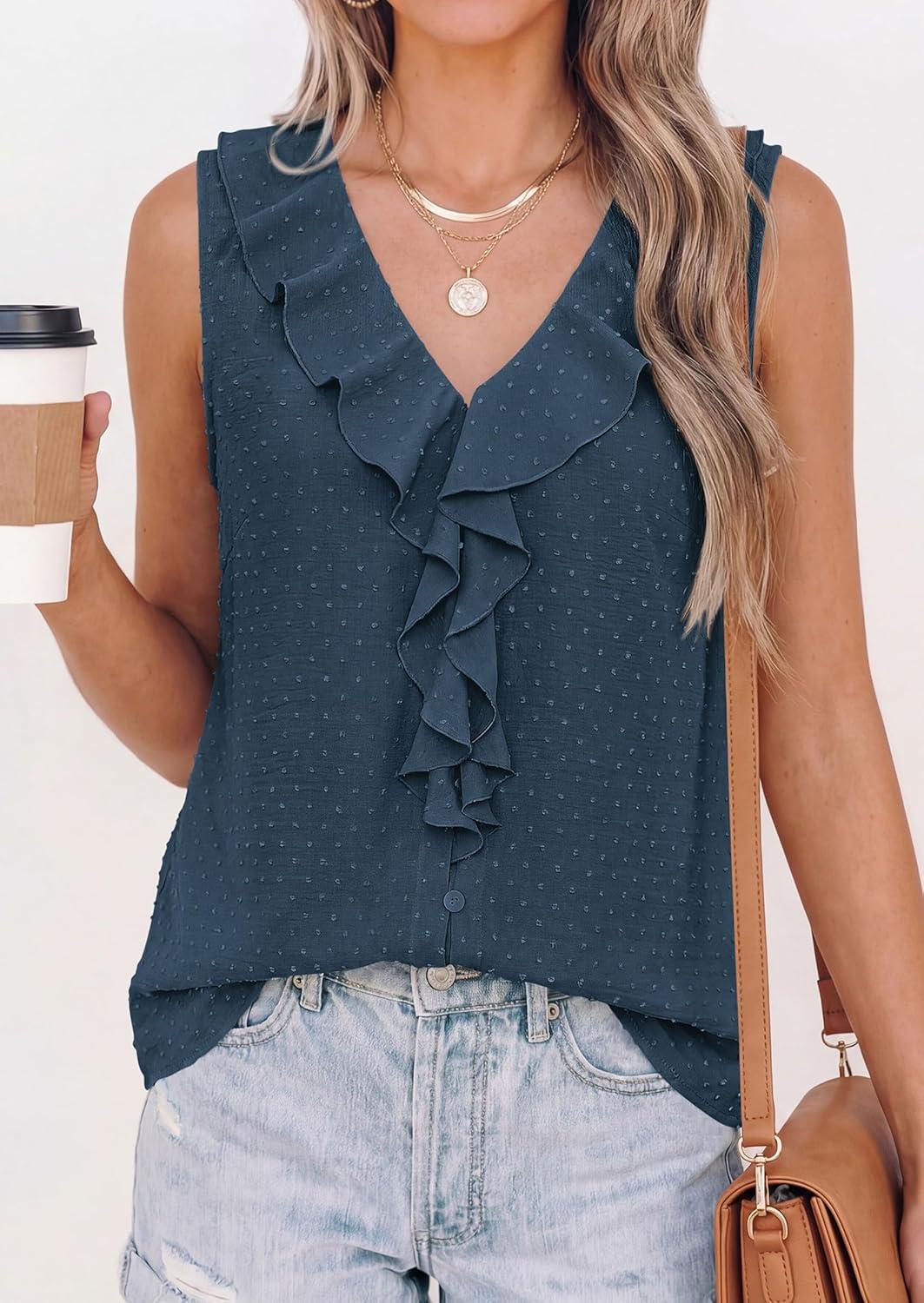 imagePRETTYGARDEN Womens Tank Tops 2026 Summer Dressy Casual Blouses Sleeveless Ruffle V Neck Swiss Dot Button Down Work ShirtsDark Blue