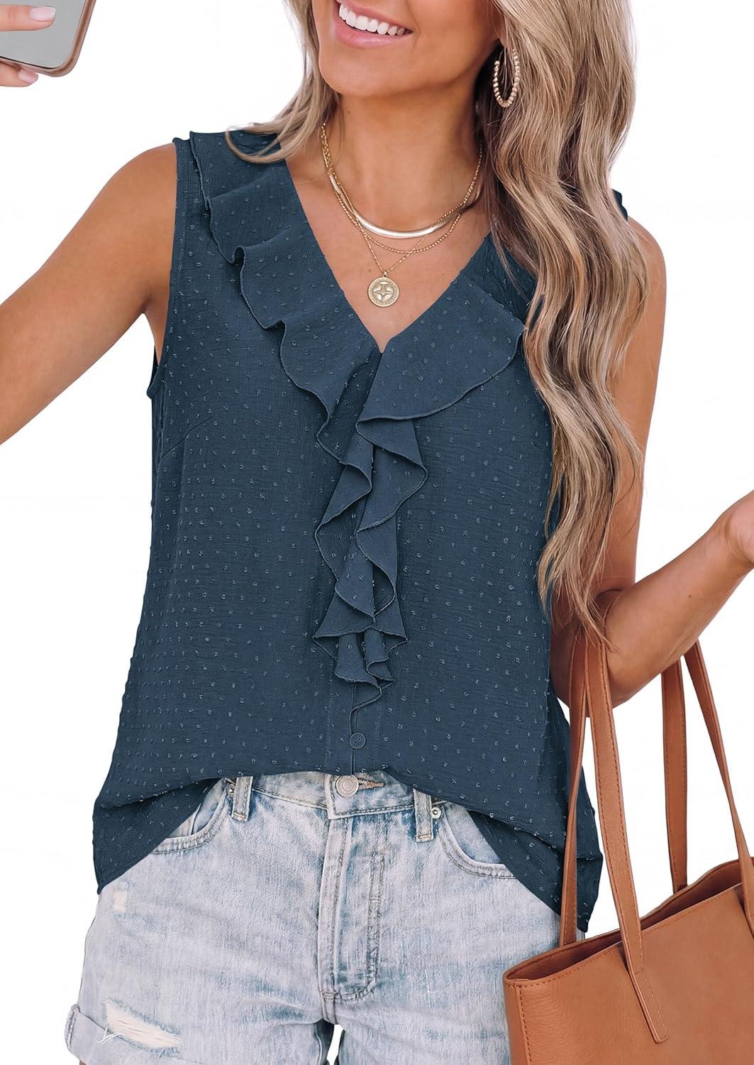 imagePRETTYGARDEN Womens Tank Tops 2026 Summer Dressy Casual Blouses Sleeveless Ruffle V Neck Swiss Dot Button Down Work ShirtsDark Blue