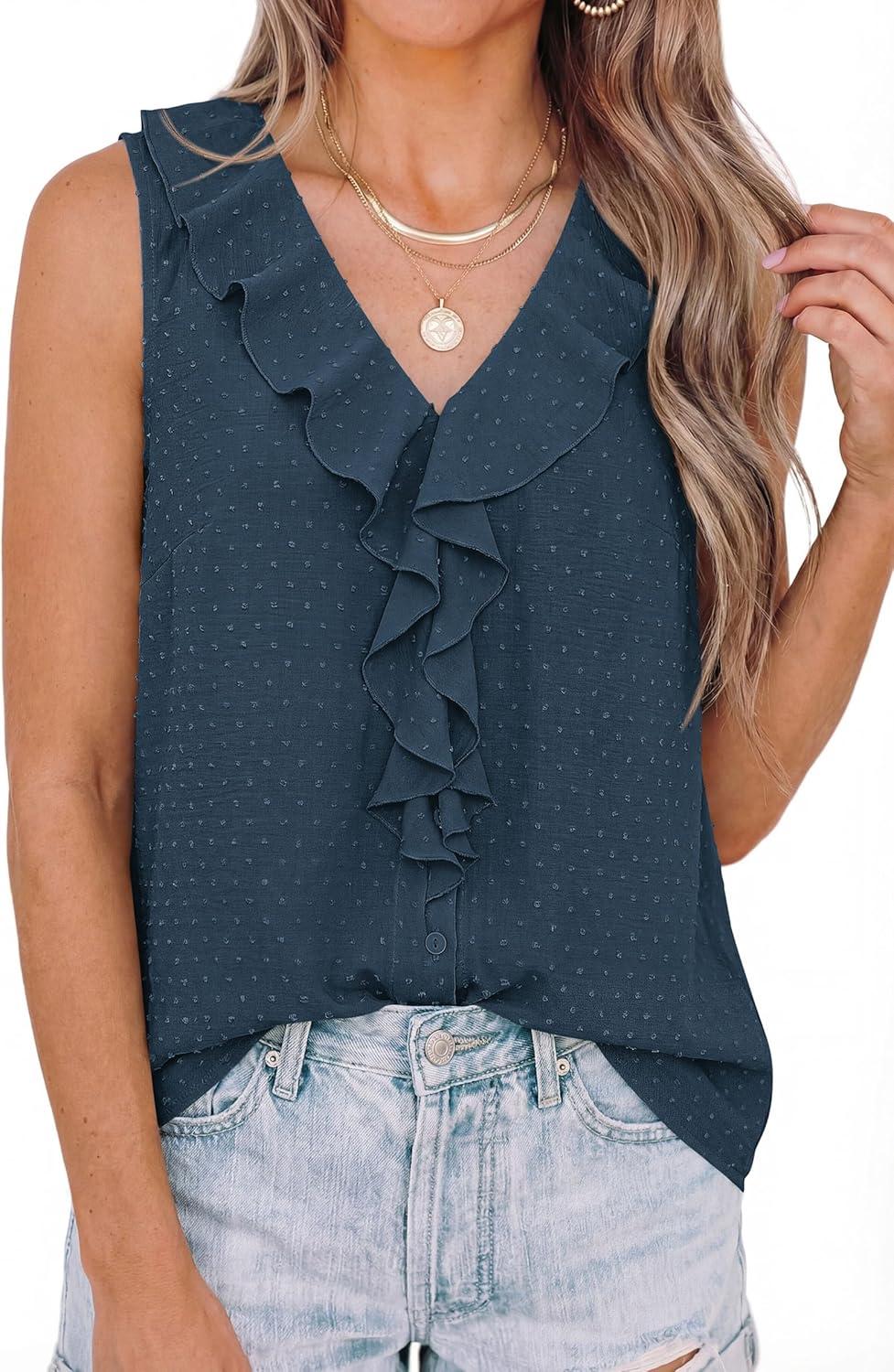 imagePRETTYGARDEN Womens Tank Tops 2026 Summer Dressy Casual Blouses Sleeveless Ruffle V Neck Swiss Dot Button Down Work ShirtsDark Blue