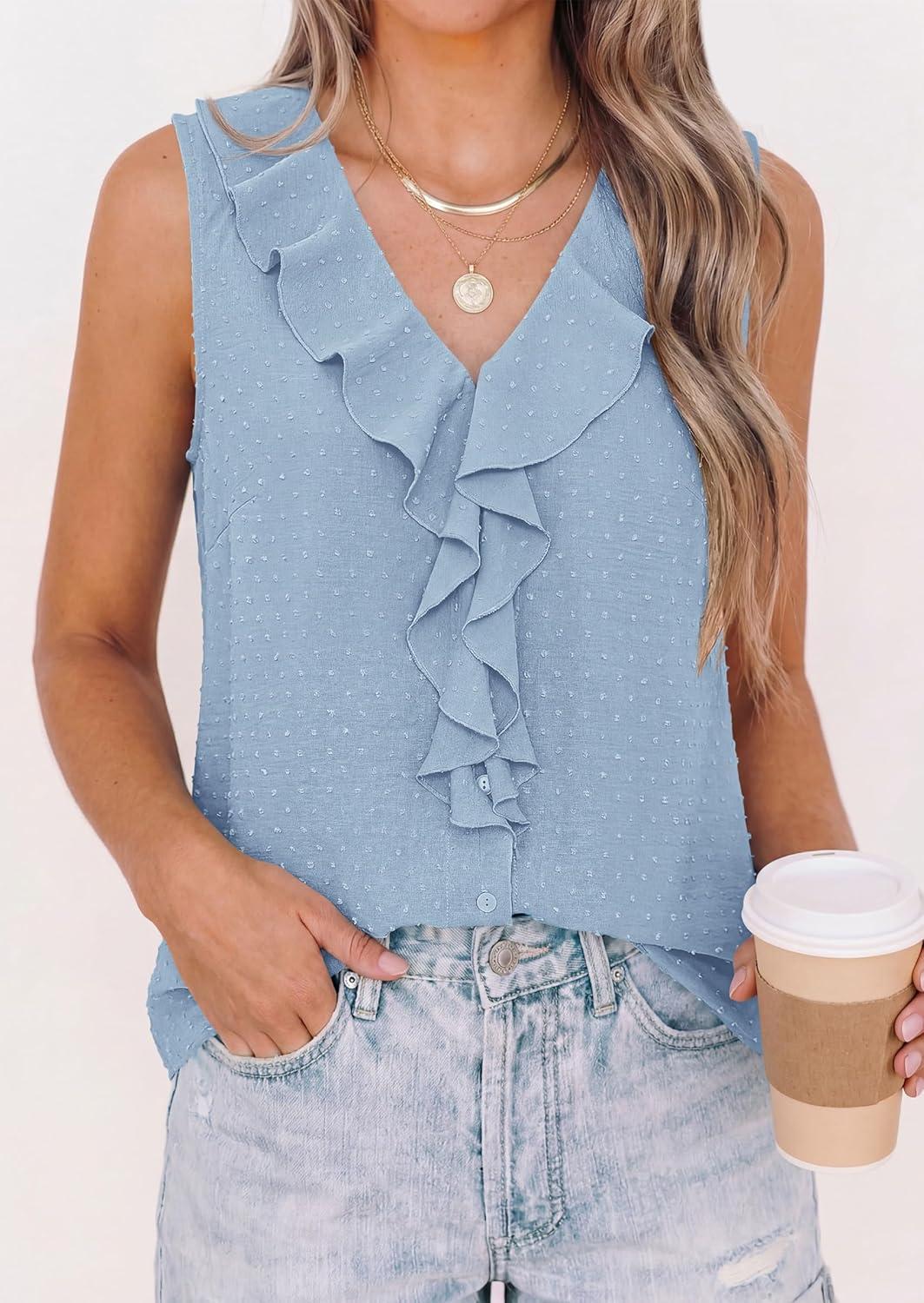 imagePRETTYGARDEN Womens Tank Tops 2026 Summer Dressy Casual Blouses Sleeveless Ruffle V Neck Swiss Dot Button Down Work ShirtsLight Blue