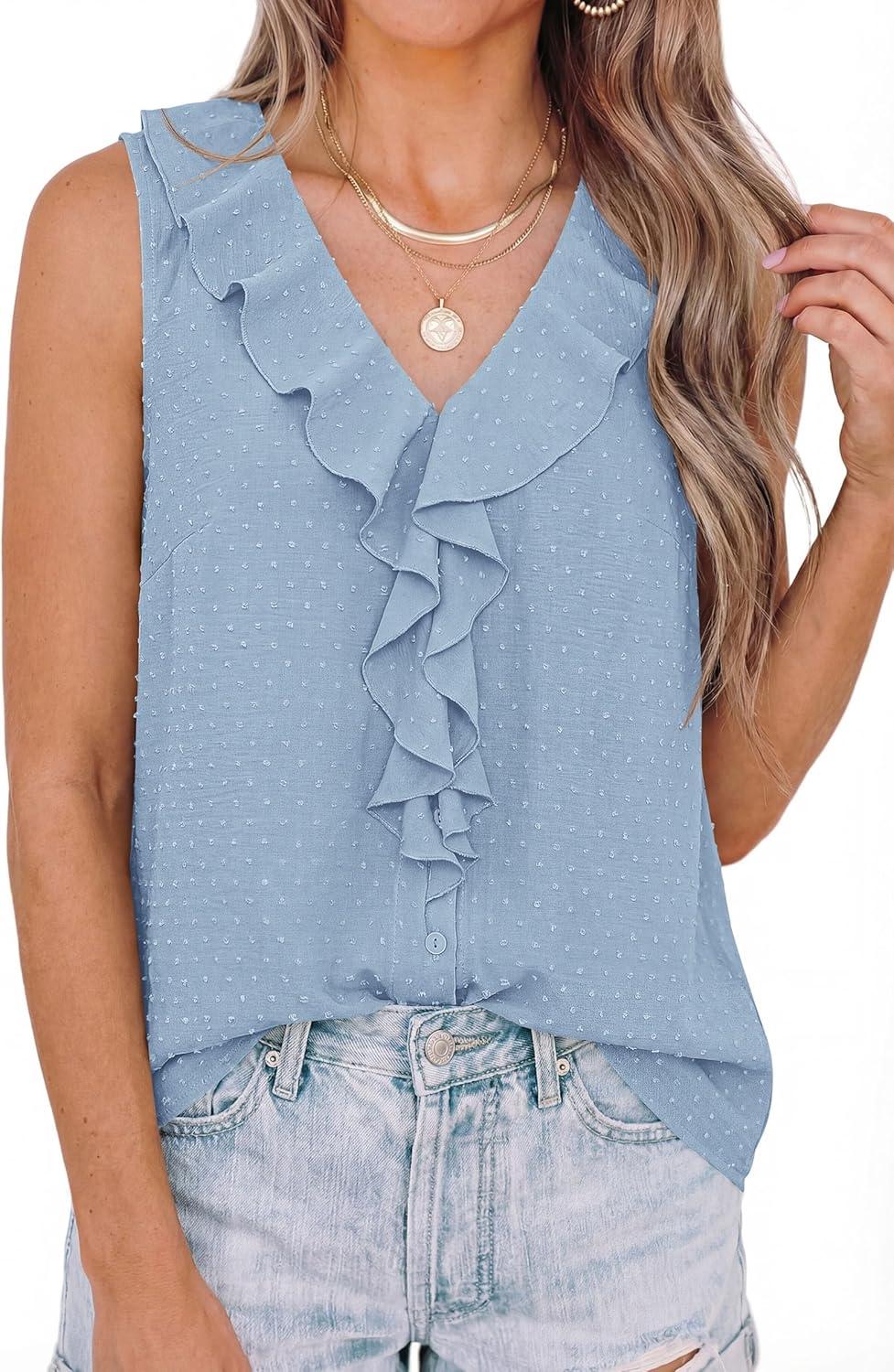 imagePRETTYGARDEN Womens Tank Tops 2026 Summer Dressy Casual Blouses Sleeveless Ruffle V Neck Swiss Dot Button Down Work ShirtsLight Blue