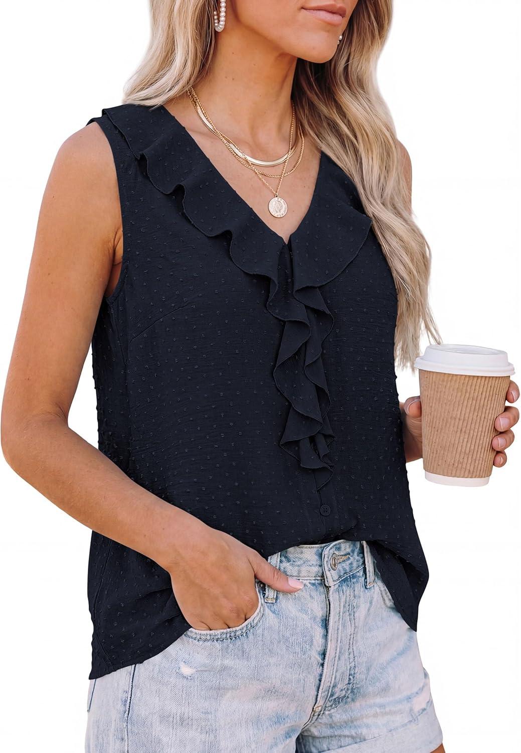 imagePRETTYGARDEN Womens Tank Tops 2026 Summer Dressy Casual Blouses Sleeveless Ruffle V Neck Swiss Dot Button Down Work ShirtsNavy Blue