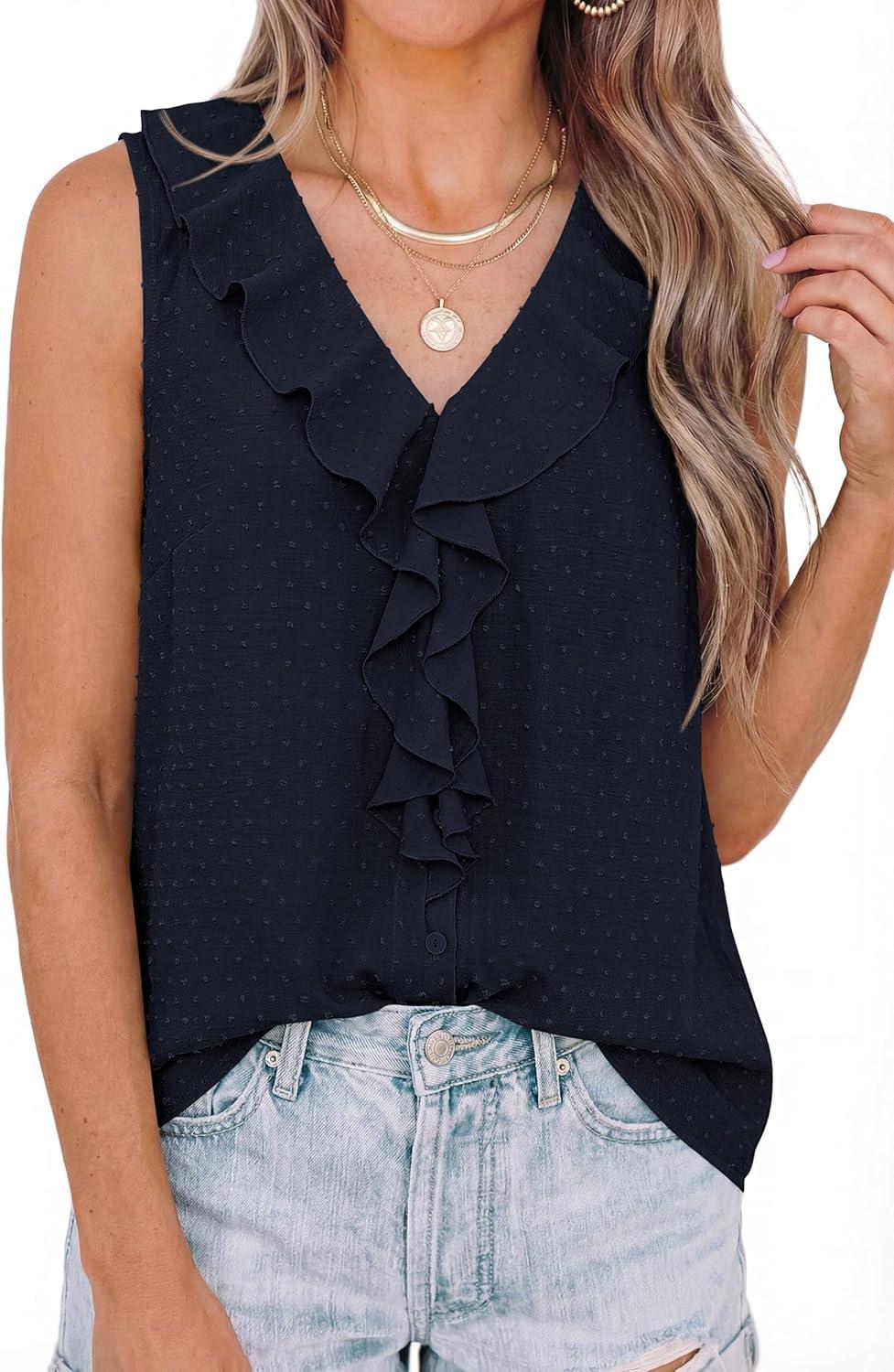 imagePRETTYGARDEN Womens Tank Tops 2026 Summer Dressy Casual Blouses Sleeveless Ruffle V Neck Swiss Dot Button Down Work ShirtsNavy Blue