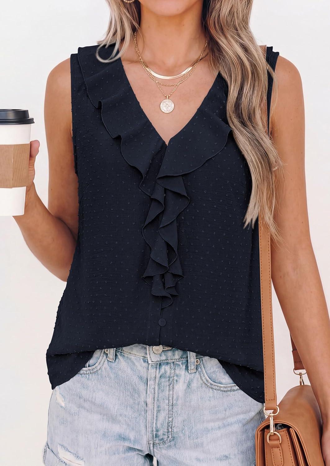 imagePRETTYGARDEN Womens Tank Tops 2026 Summer Dressy Casual Blouses Sleeveless Ruffle V Neck Swiss Dot Button Down Work ShirtsNavy Blue