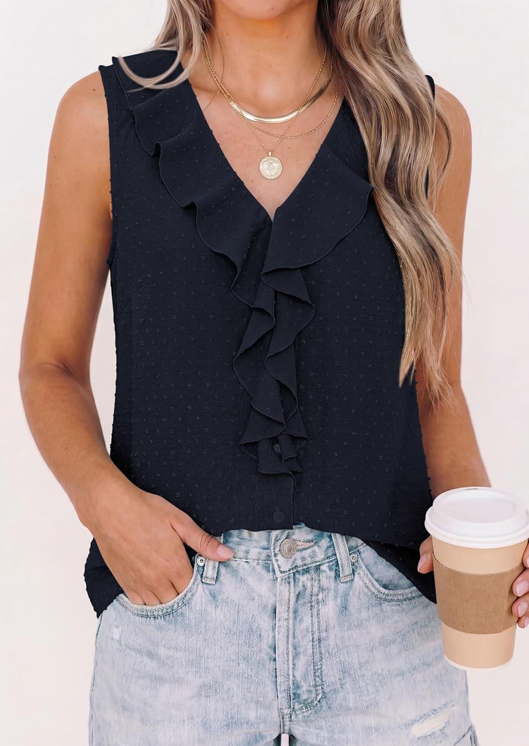 imagePRETTYGARDEN Womens Tank Tops 2026 Summer Dressy Casual Blouses Sleeveless Ruffle V Neck Swiss Dot Button Down Work ShirtsNavy Blue