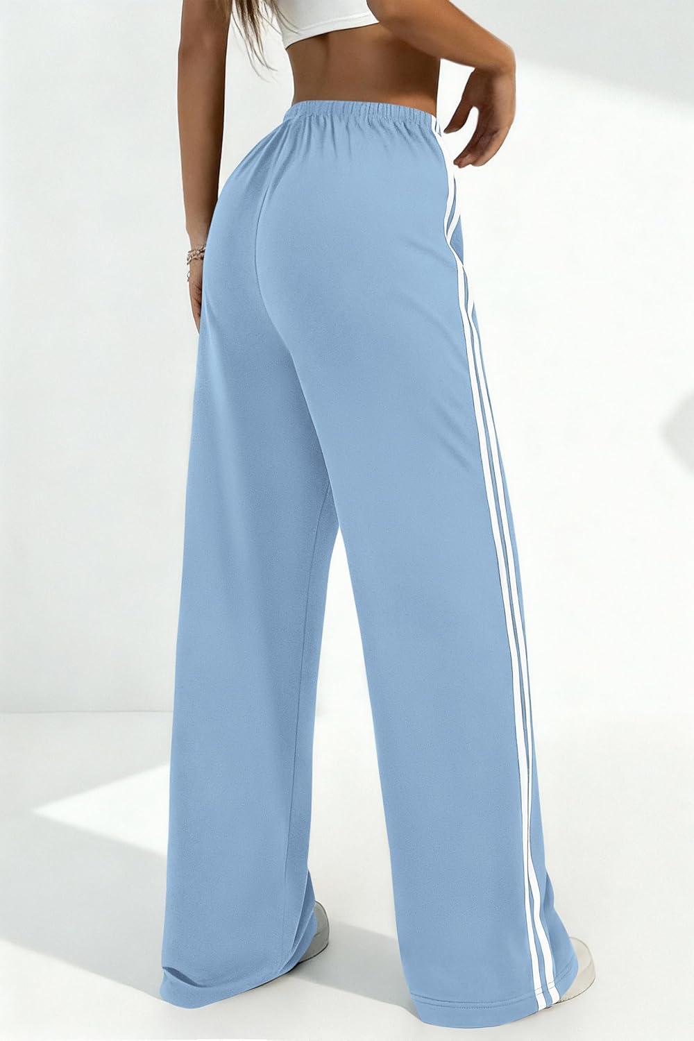 imagePRETTYGARDEN Womens Wide Leg Sweat Pants Striped Drawstring Waist Casual Athletic Track Flowy Pants Trousers Summer ClothesLight Blue