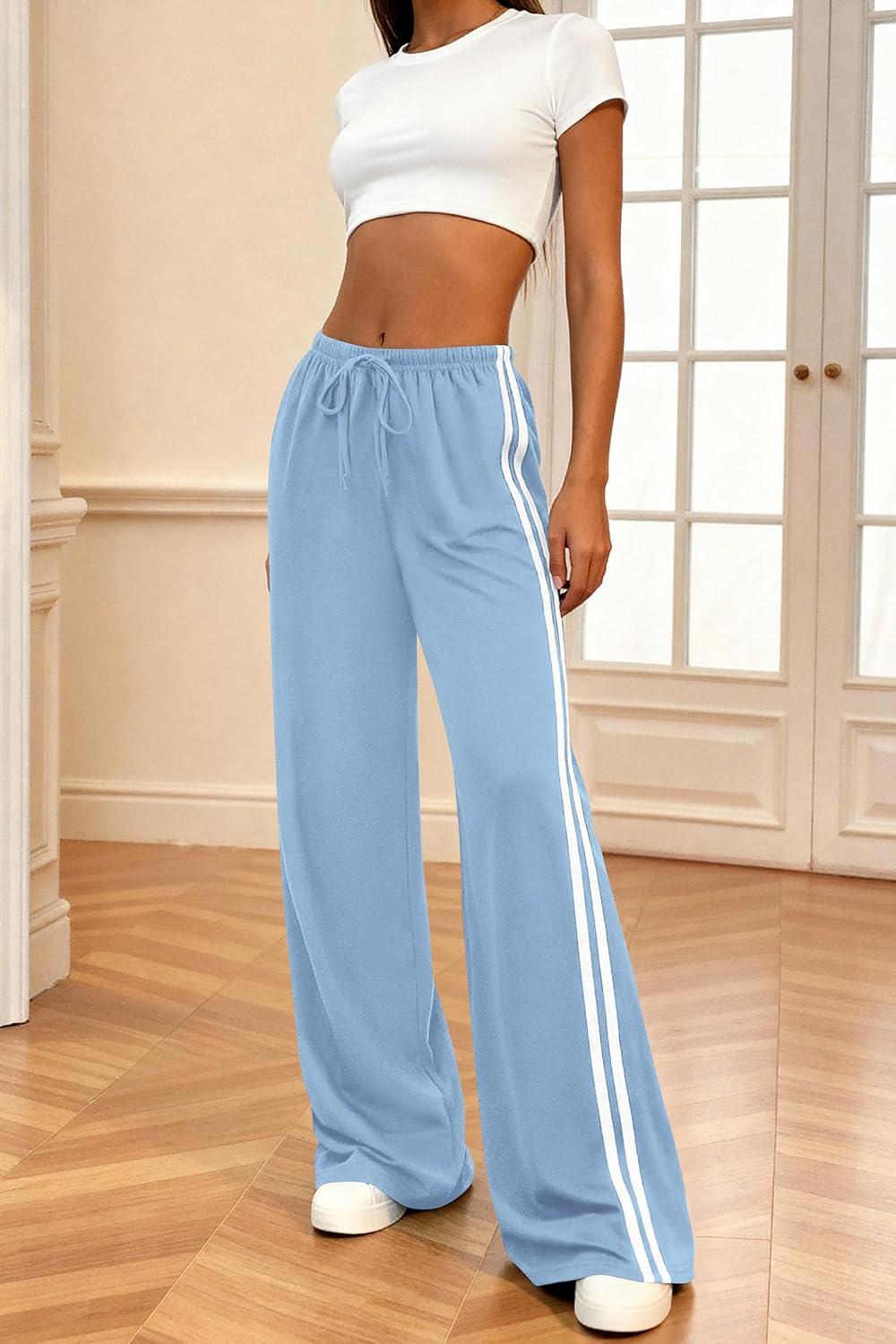 imagePRETTYGARDEN Womens Wide Leg Sweat Pants Striped Drawstring Waist Casual Athletic Track Flowy Pants Trousers Summer ClothesLight Blue