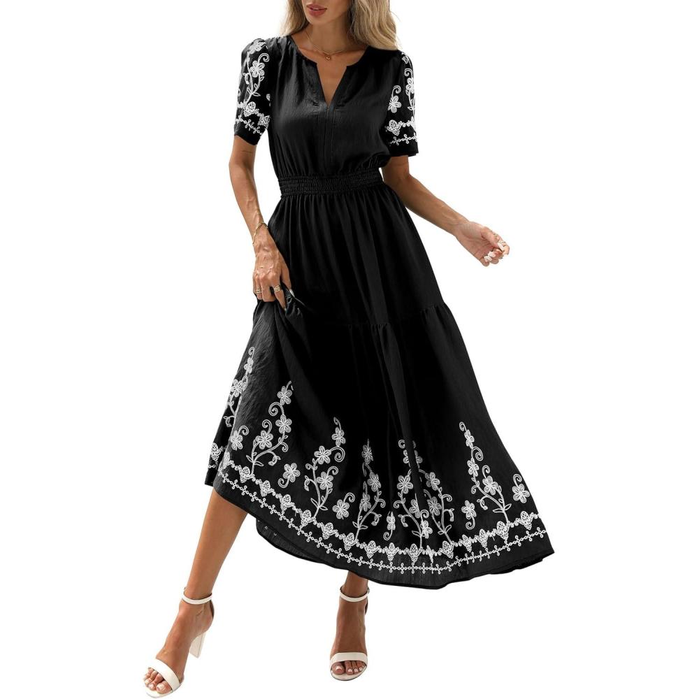 imagePRETTYGARDEN Womens Summer Boho Maxi Dress 2026 Spring Floral Short Sleeve V Neck A Line Flowy Beach Wedding Guest DressesBlack