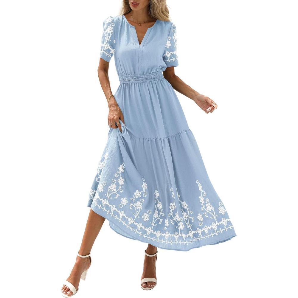 imagePRETTYGARDEN Womens Summer Boho Maxi Dress 2026 Spring Floral Short Sleeve V Neck A Line Flowy Beach Wedding Guest DressesLight Blue