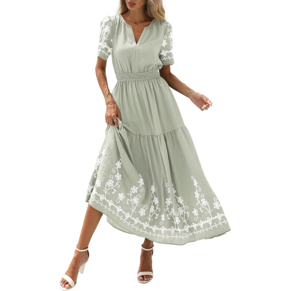 imagePRETTYGARDEN Womens Summer Boho Maxi Dress 2026 Spring Floral Short Sleeve V Neck A Line Flowy Beach Wedding Guest DressesLight Green