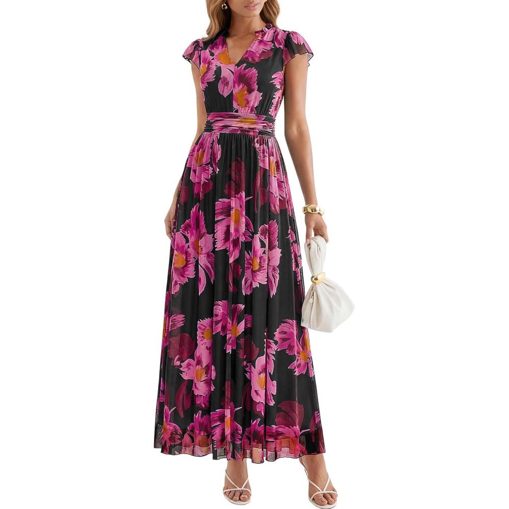 imagePRETTYGARDEN Womens Summer Dresses 2026 Flutter Short Sleeve V Neck Floral Maxi Dress Flowy Beach Vacation Long DressesBlack Pink Floral