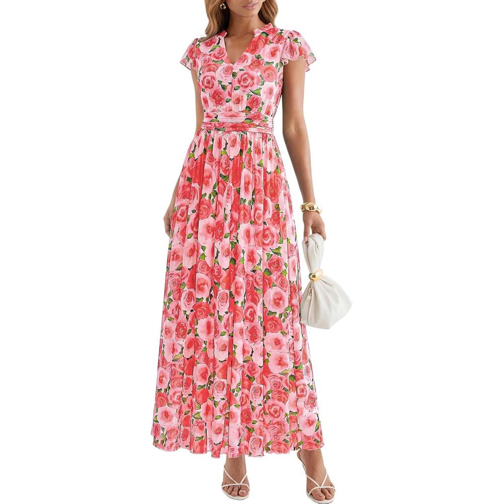 imagePRETTYGARDEN Womens Summer Dresses 2026 Flutter Short Sleeve V Neck Floral Maxi Dress Flowy Beach Vacation Long DressesPink Multicolored Floral
