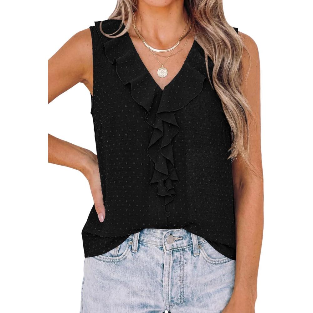 imagePRETTYGARDEN Womens Tank Tops 2026 Summer Dressy Casual Blouses Sleeveless Ruffle V Neck Swiss Dot Button Down Work ShirtsBlack