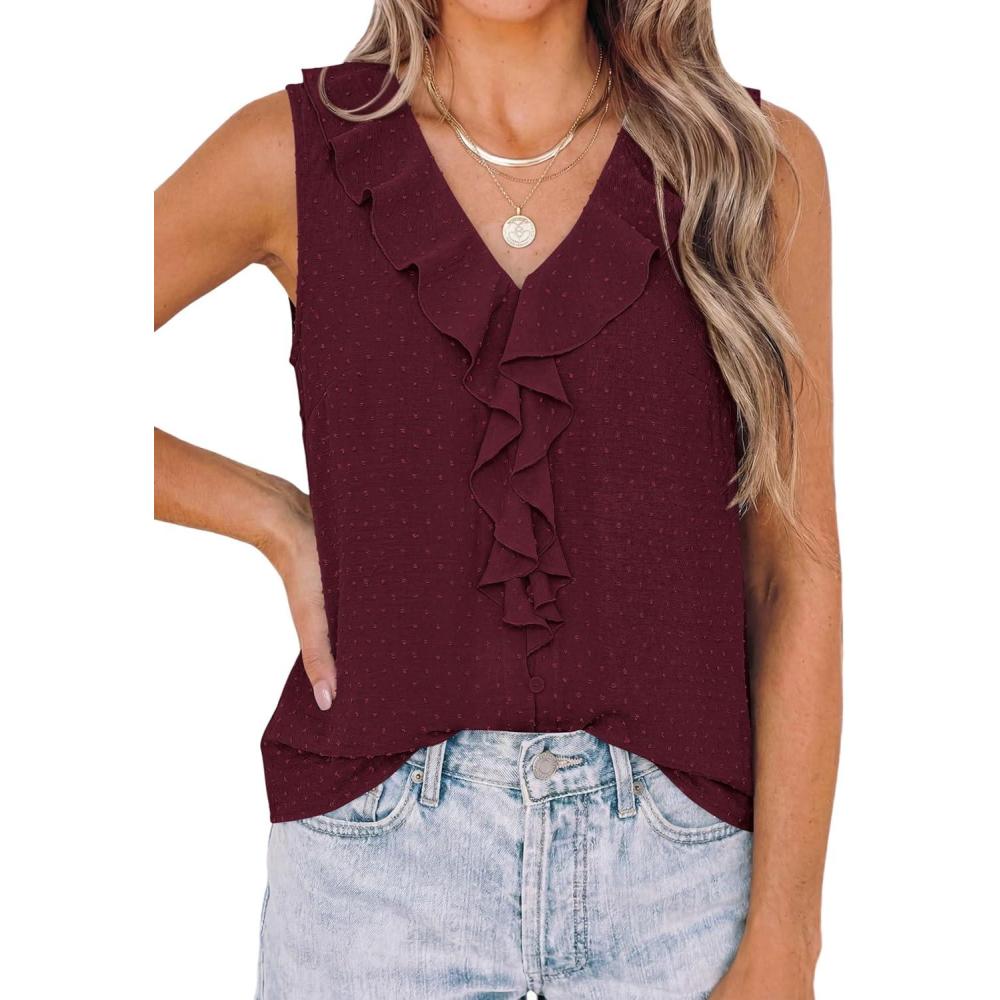 imagePRETTYGARDEN Womens Tank Tops 2026 Summer Dressy Casual Blouses Sleeveless Ruffle V Neck Swiss Dot Button Down Work ShirtsBurgundy
