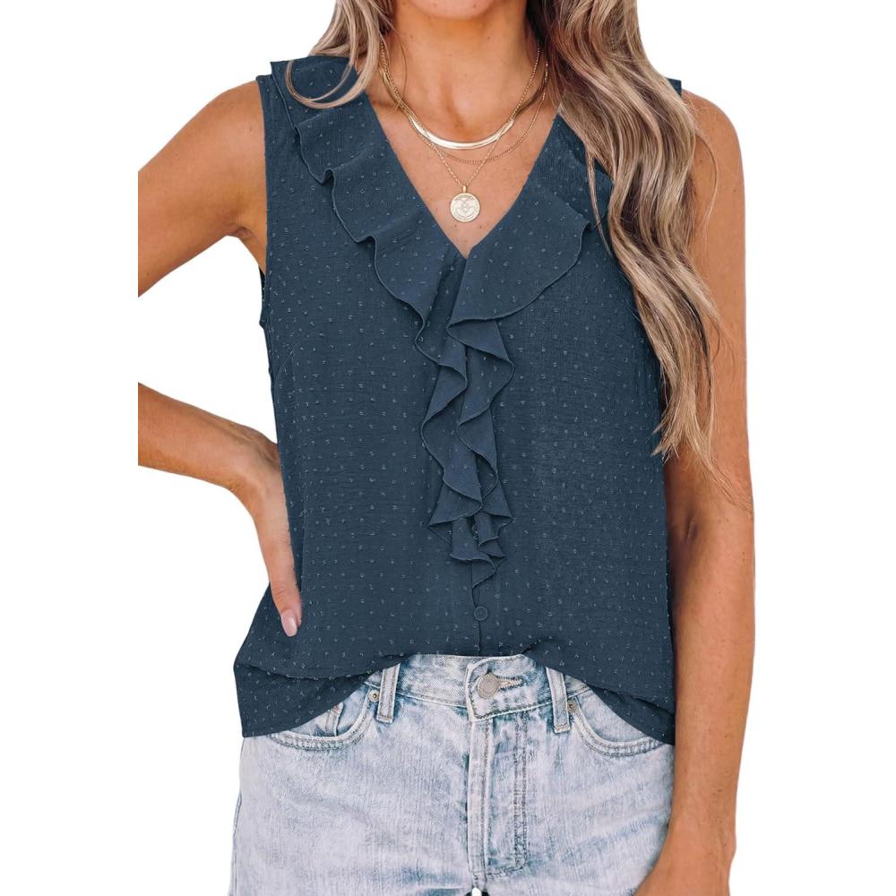 imagePRETTYGARDEN Womens Tank Tops 2026 Summer Dressy Casual Blouses Sleeveless Ruffle V Neck Swiss Dot Button Down Work ShirtsDark Blue