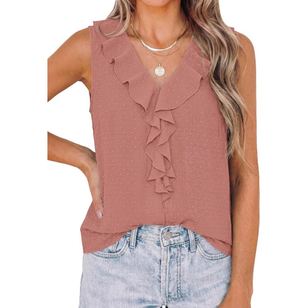 imagePRETTYGARDEN Womens Tank Tops 2026 Summer Dressy Casual Blouses Sleeveless Ruffle V Neck Swiss Dot Button Down Work ShirtsDusty Pink