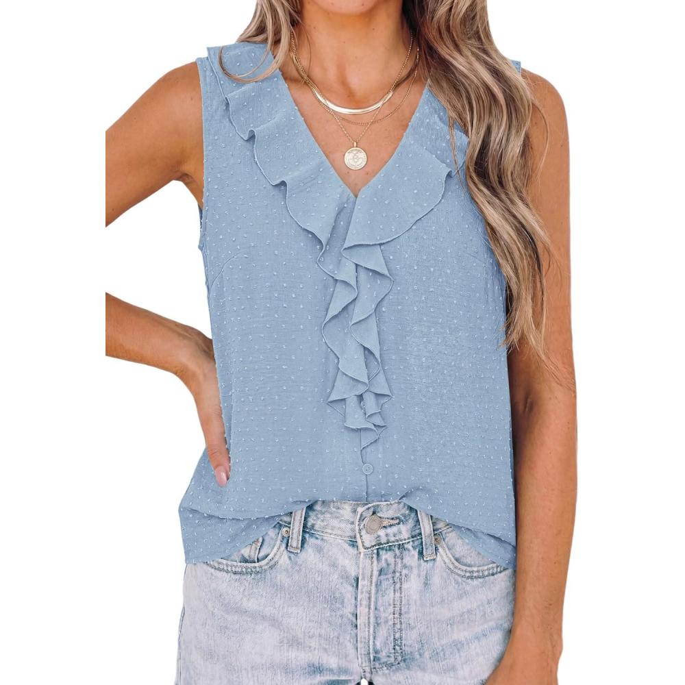imagePRETTYGARDEN Womens Tank Tops 2026 Summer Dressy Casual Blouses Sleeveless Ruffle V Neck Swiss Dot Button Down Work ShirtsLight Blue